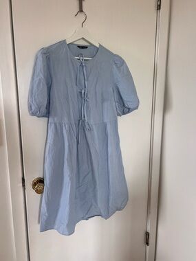 Light Blue Tie-Front Puff Sleeve Mini Dress